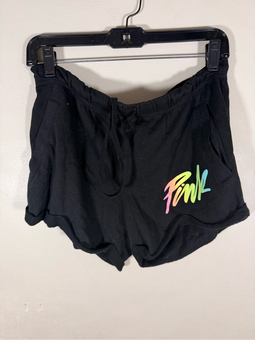 PINK Victoria's Secret Black Athletic Shorts with Neon Rainbow Logo